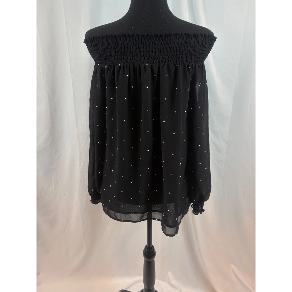 Black Off Shoulder Rhinestone Embellished Smocked Blouse Long Sleeve Size‎ Small